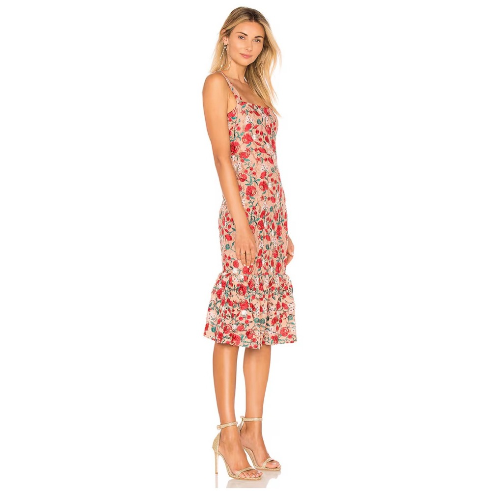 Lovers + Friends XS Under The Stars Midi Nude Red Floral Dress Crochet Romantic - Picture 12 of 13